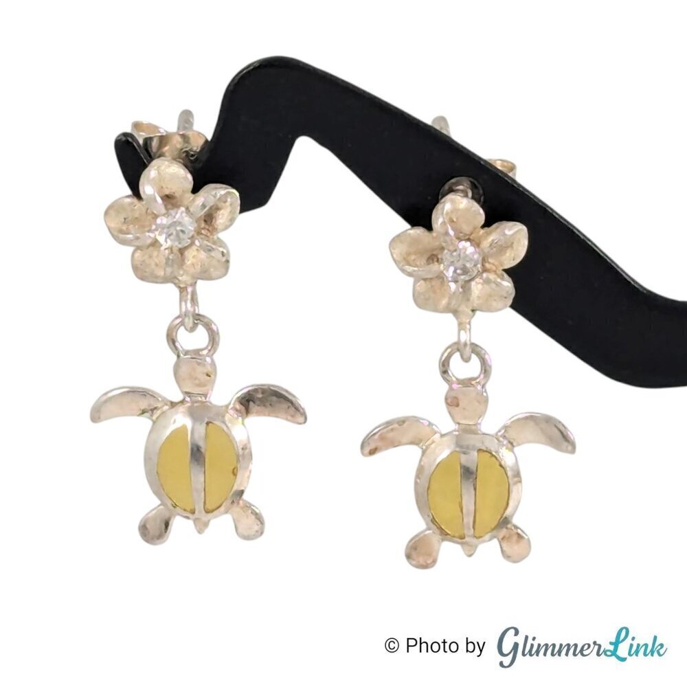 Dainty Sterling Silver Plumeria Turtle Yellow & Clear Crystal Dangle Earrings